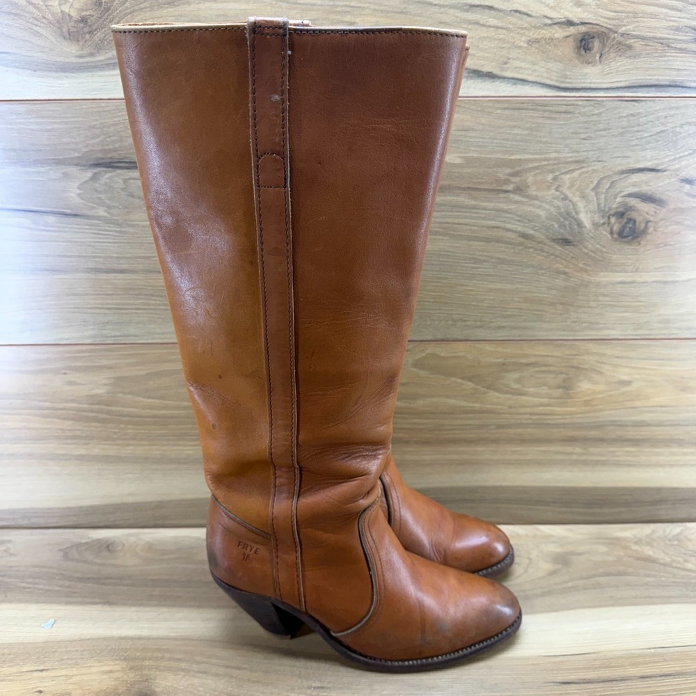FRYE Vintage 1970's Mustang Riding Boots Tall 8 B Cognac Leather USA Made 7942